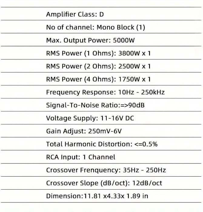 BLAUPUNKT  MONO BLOCK  1  Channels Class D  12V Car Amplifier Vehicle  5000W